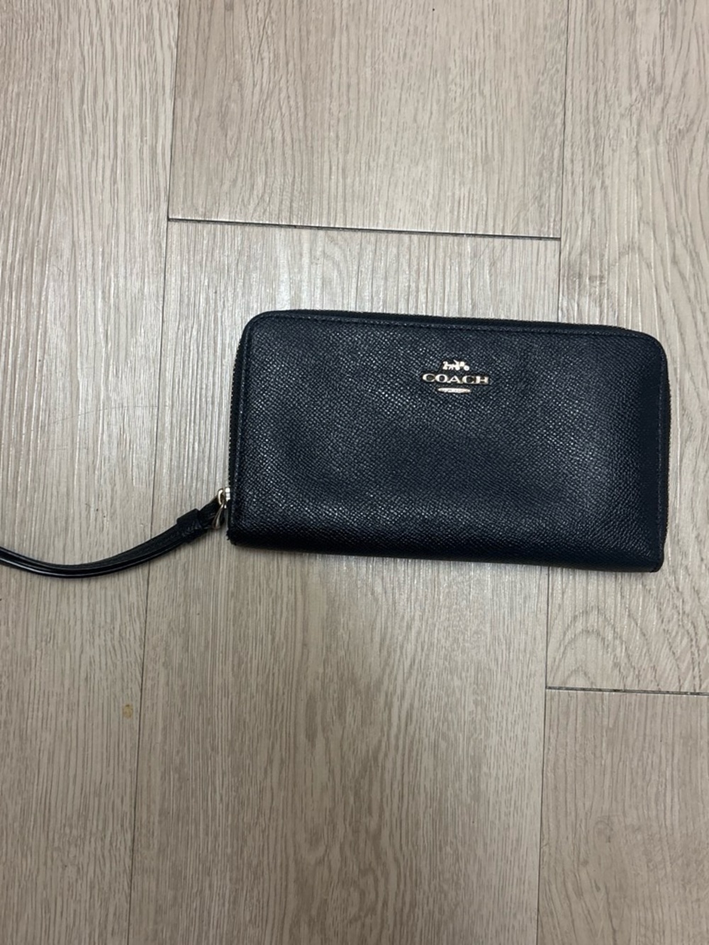 Coach Black Leather Zip-Around Wristlet with Gold Logo